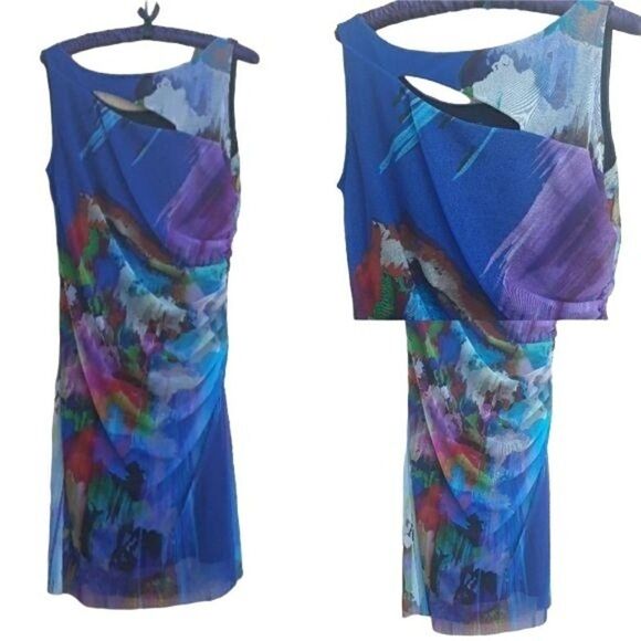 Vtg 90's Dress Bodycon Artsy Sleeveless Cutout Ruched Watercolor Blue Sz L - Picture 1 of 8